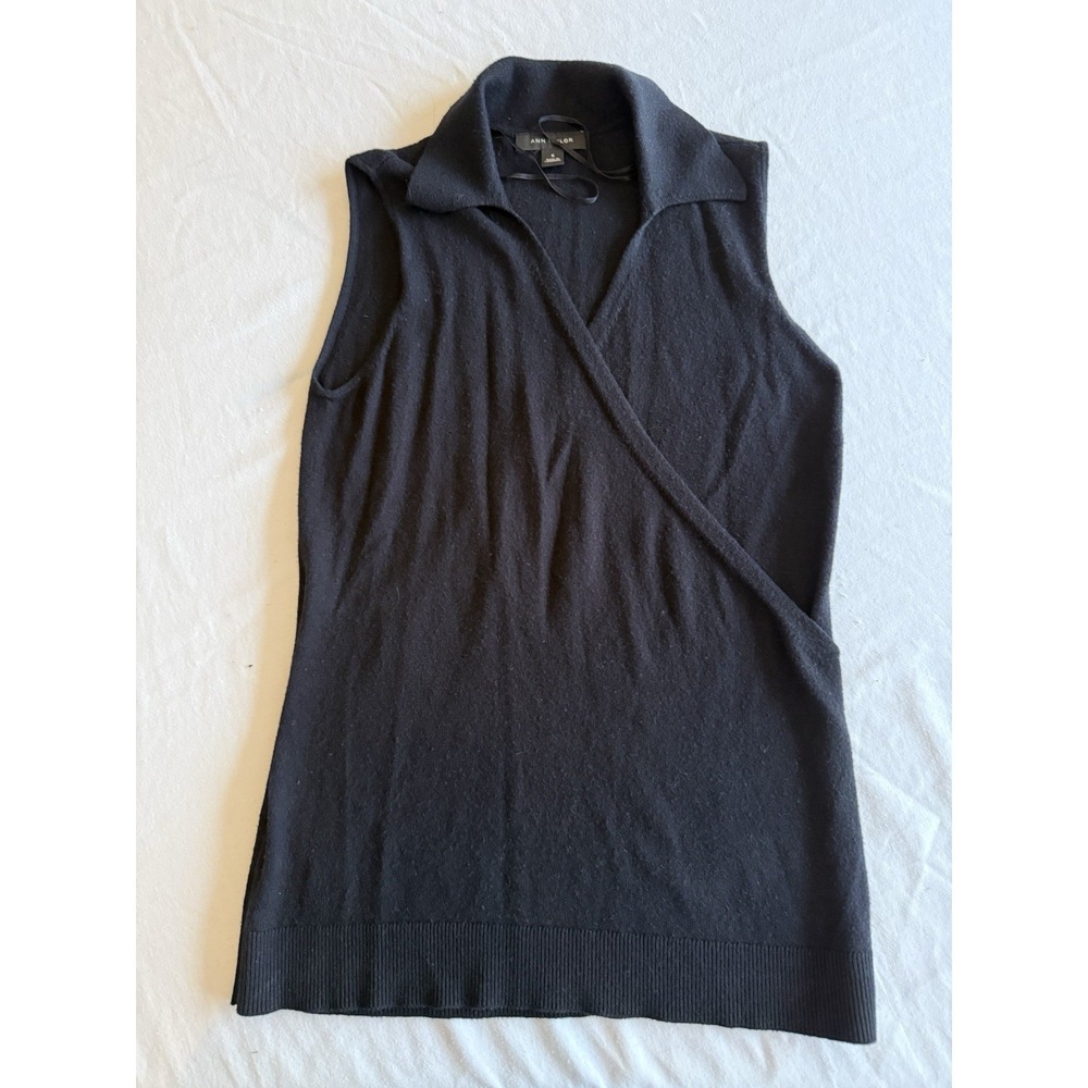 Ann Taylor Womens Collared Sleeveless Sweater Black V-Neck Wrap Top Size M